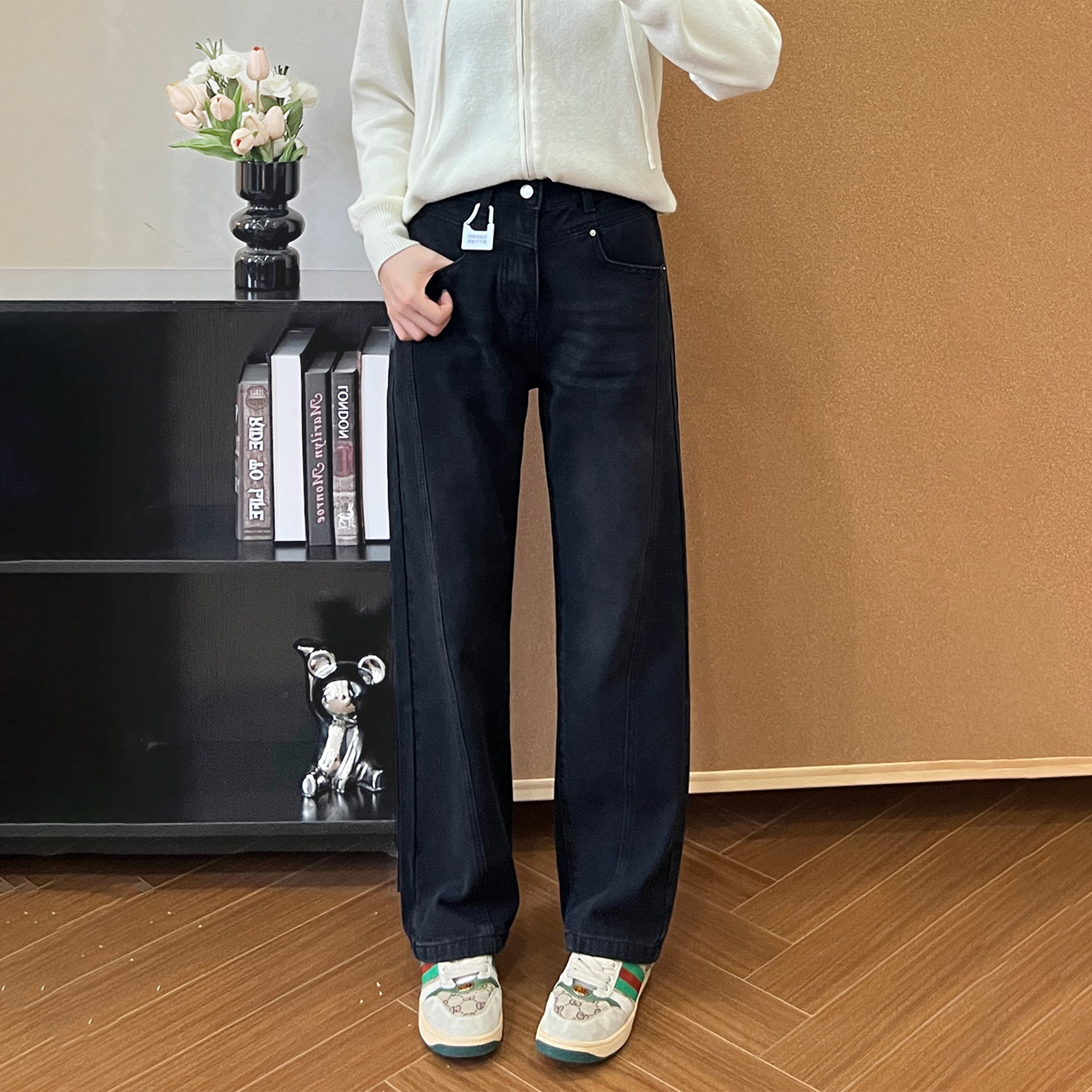 黑色窄版阔腿牛仔裤女2025秋冬款梨型身材胖mm遮胯显瘦百搭直筒裤