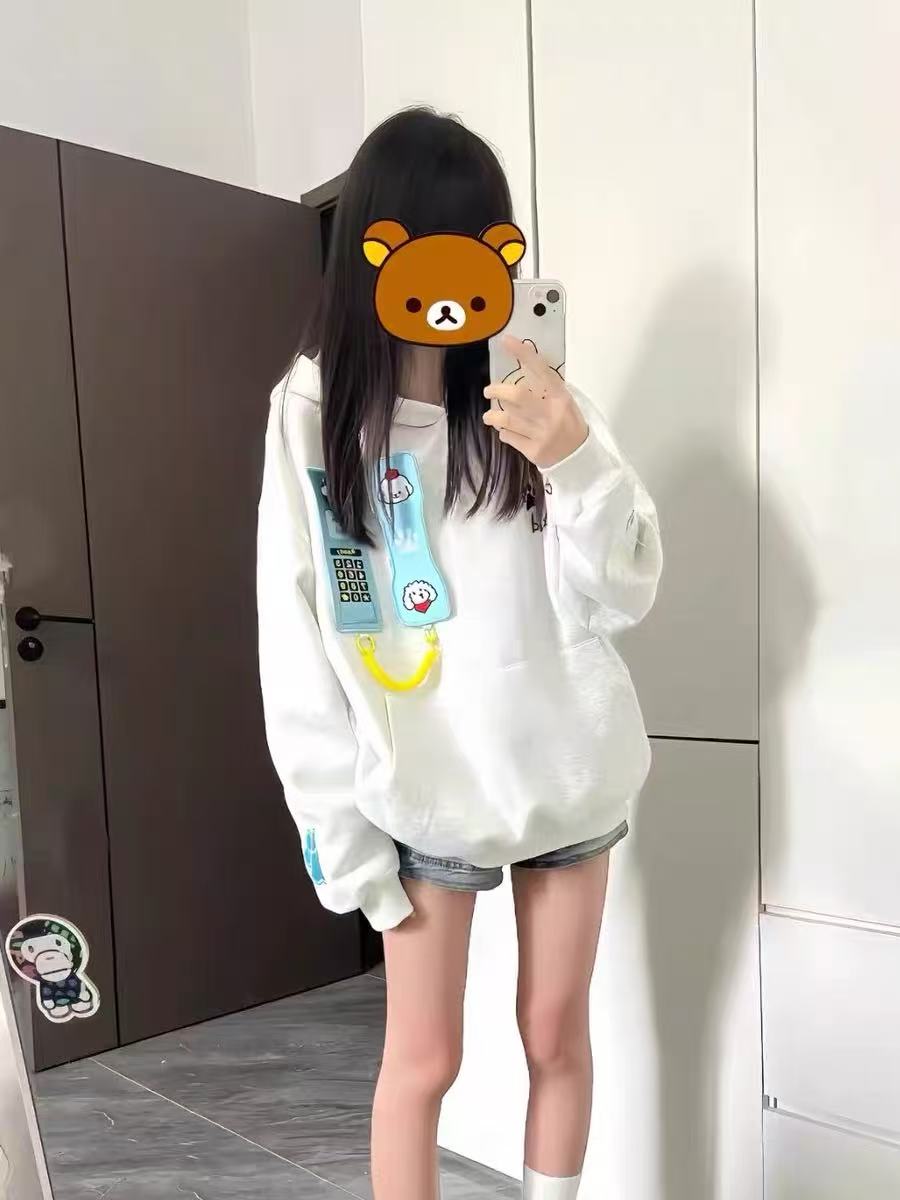 美式复古趣味可拆卸电话刺绣卫衣女魔术贴装饰女情侣连帽秋冬外套