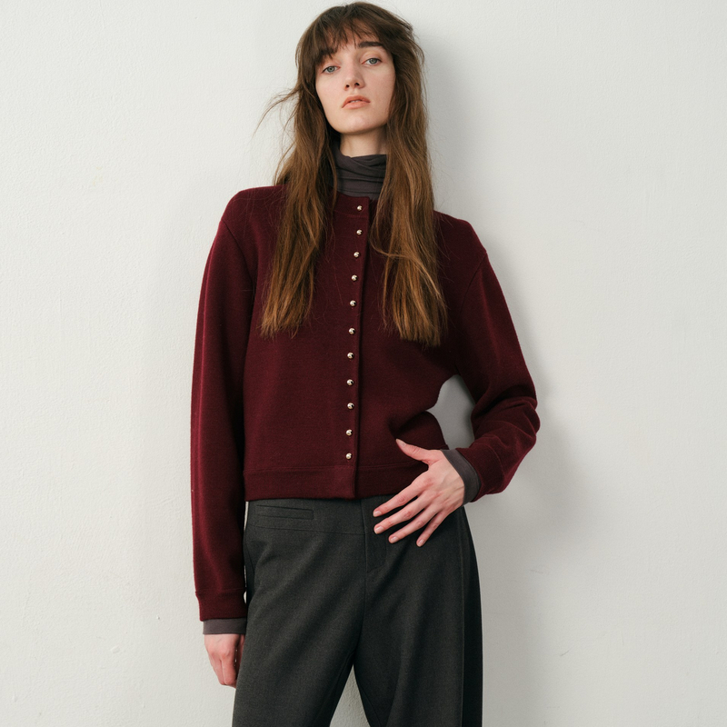 酒红色全羊毛时尚显瘦针织上衣秋冬