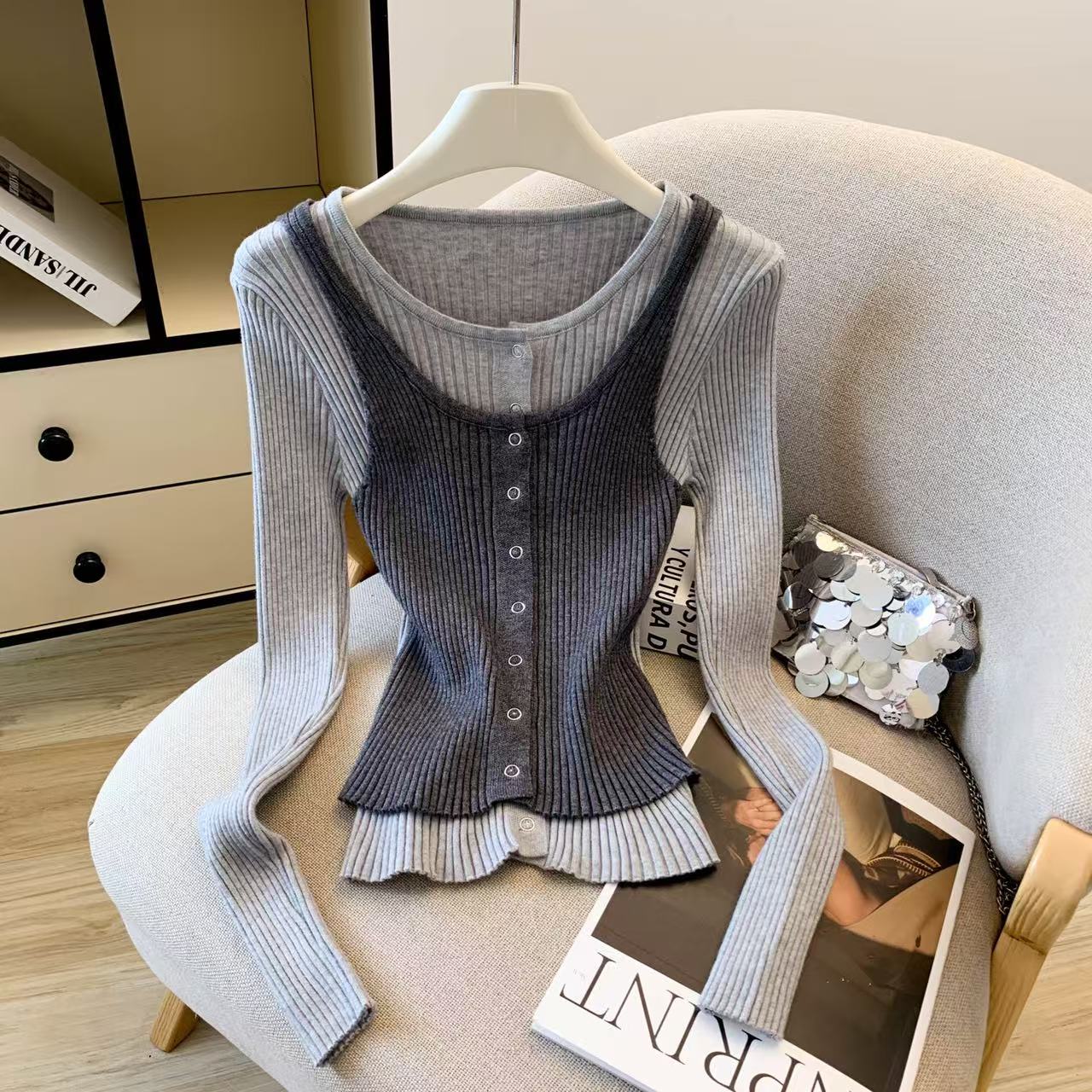 自留款推荐~撞色拼接假两件长袖针织衫女早秋新款高级感内搭上衣