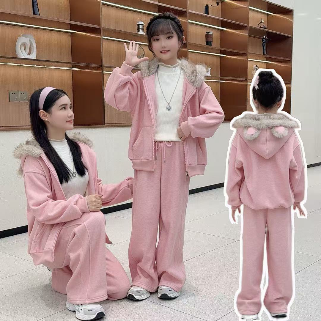 女童中大童2025新款套装洋气加绒加厚韩系女童耳帽休闲套装