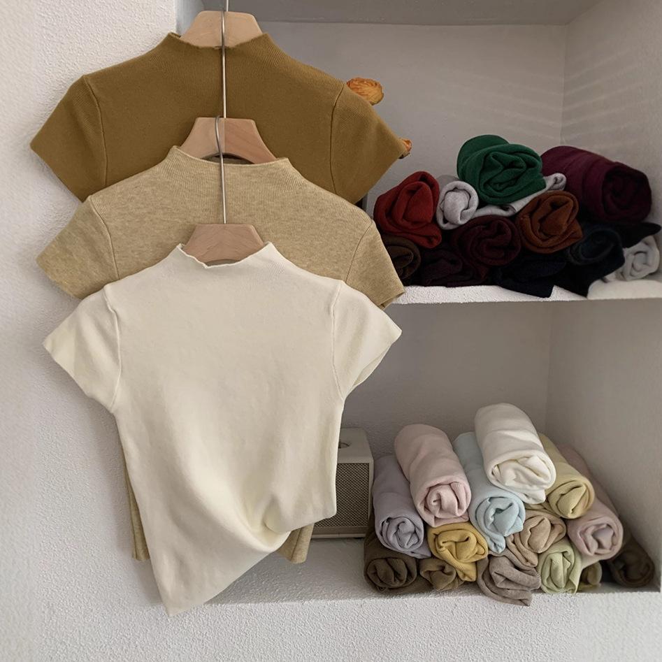 莱二十八色入百搭立领纯色修身显瘦短袖套头针织衫上衣4226女款