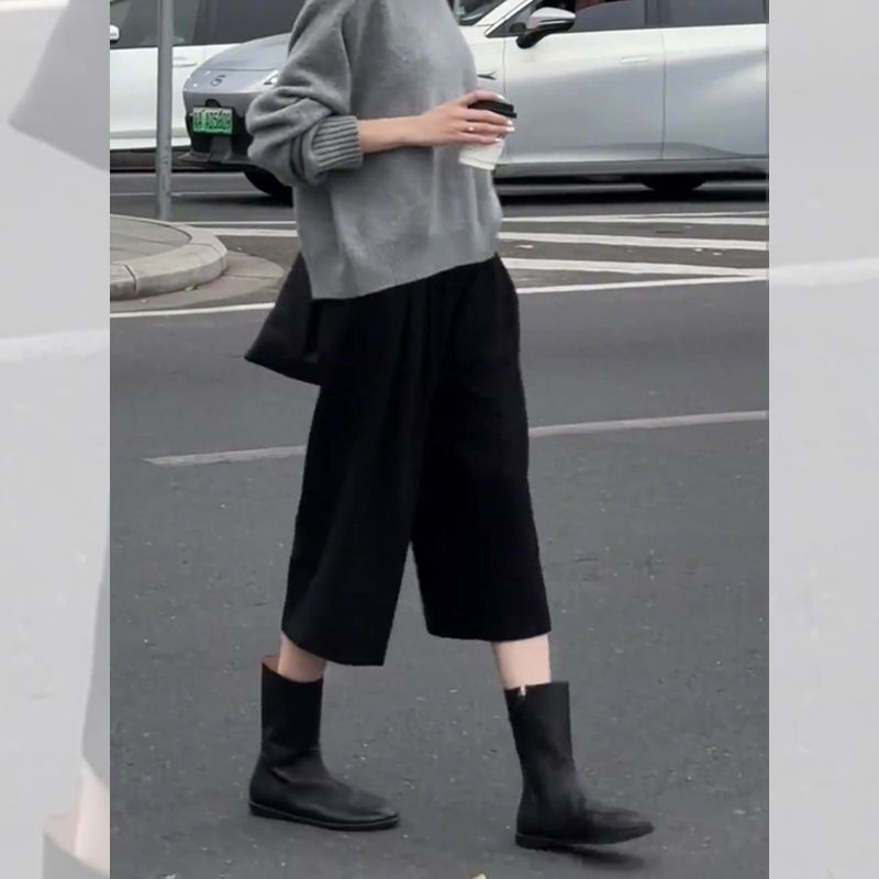 黑色七分毛呢裤女宽松线束2025春秋新款松弛腔调加厚休闲阔腿裤子