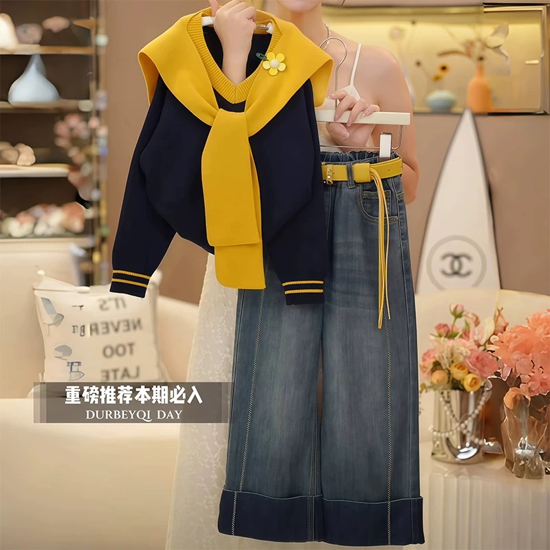 2025年秋季新款韩系针织披肩长袖上衣阔腿牛仔裤两件套