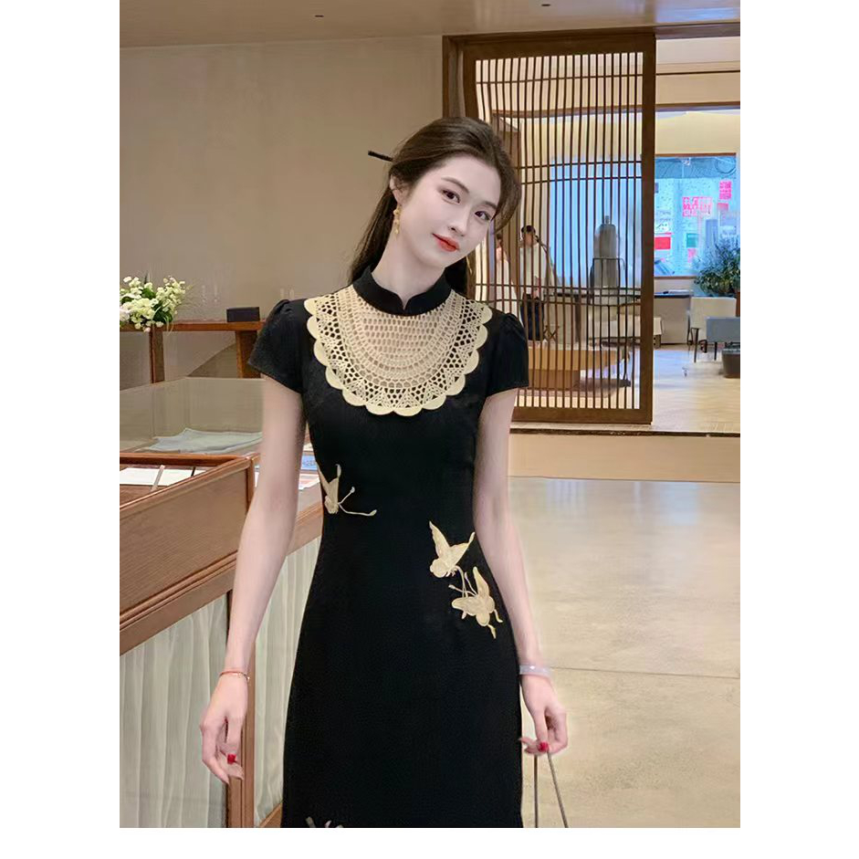 凌茜恣禾墨蝶吟新中式复古改良旗袍女夏季缎面蝴蝶绝美连衣裙