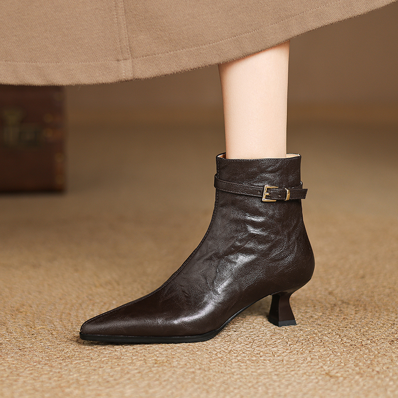 5cm羊皮尖头侧拉链细跟短靴棕色时尚真皮春秋单靴气质通勤高跟靴