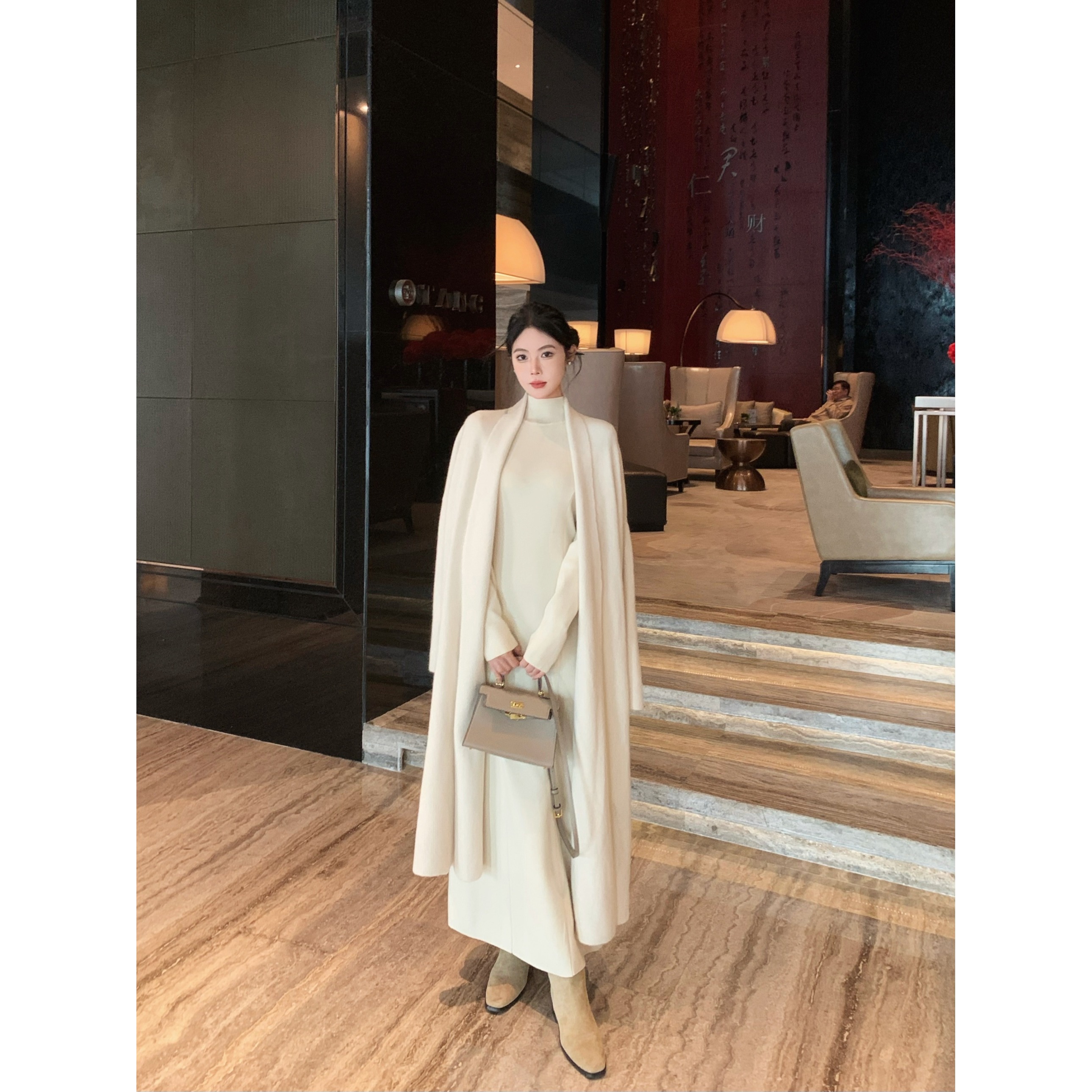 气质高级修身显瘦半高领针织连衣裙女装新款长款毛衣外套开衫套装