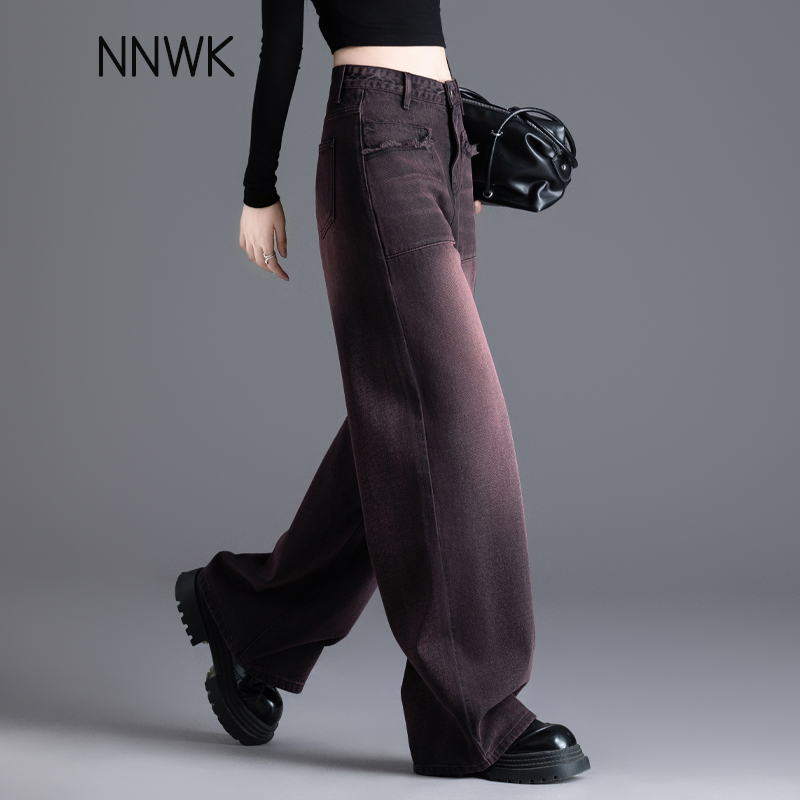 黑红色复古阔腿裤秋冬美式加绒牛仔裤女款爆款2025新款直筒长裤子