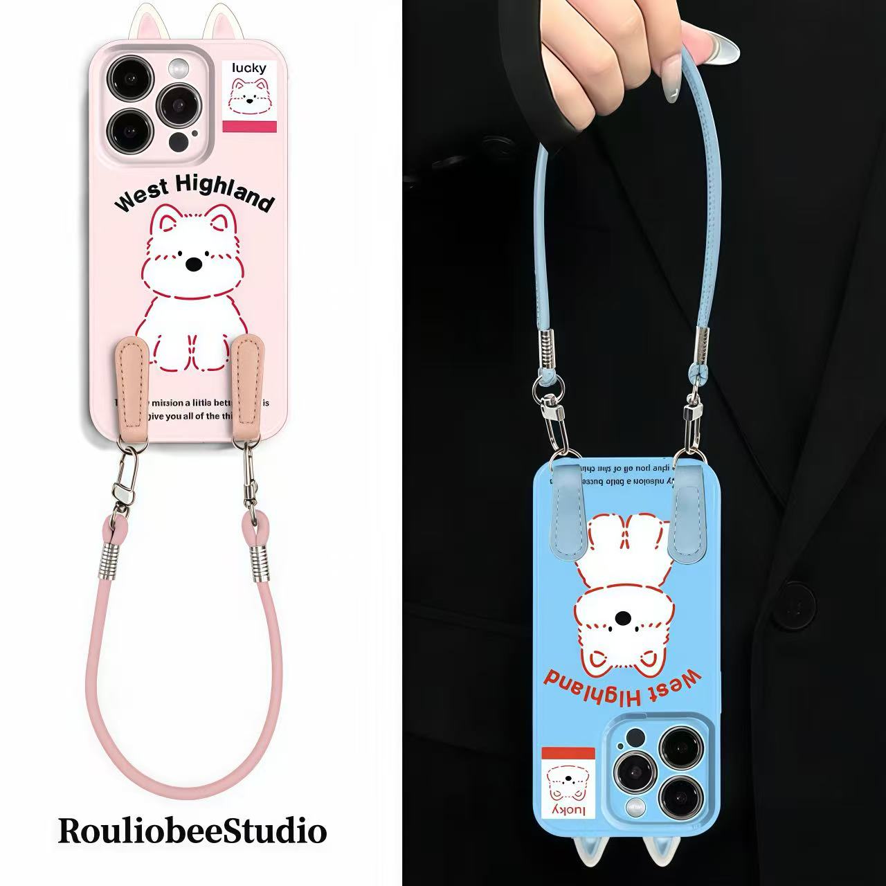 西高地耳朵挂绳适用苹果16手机壳iPhone15小米14vivoppo华为p70套
