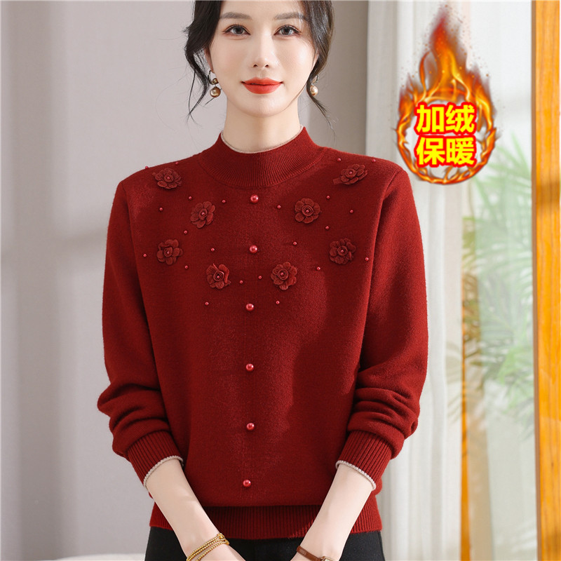 妈妈冬装2025新款加绒加厚毛衣中老年女冬装一体绒保暖内搭打底衫