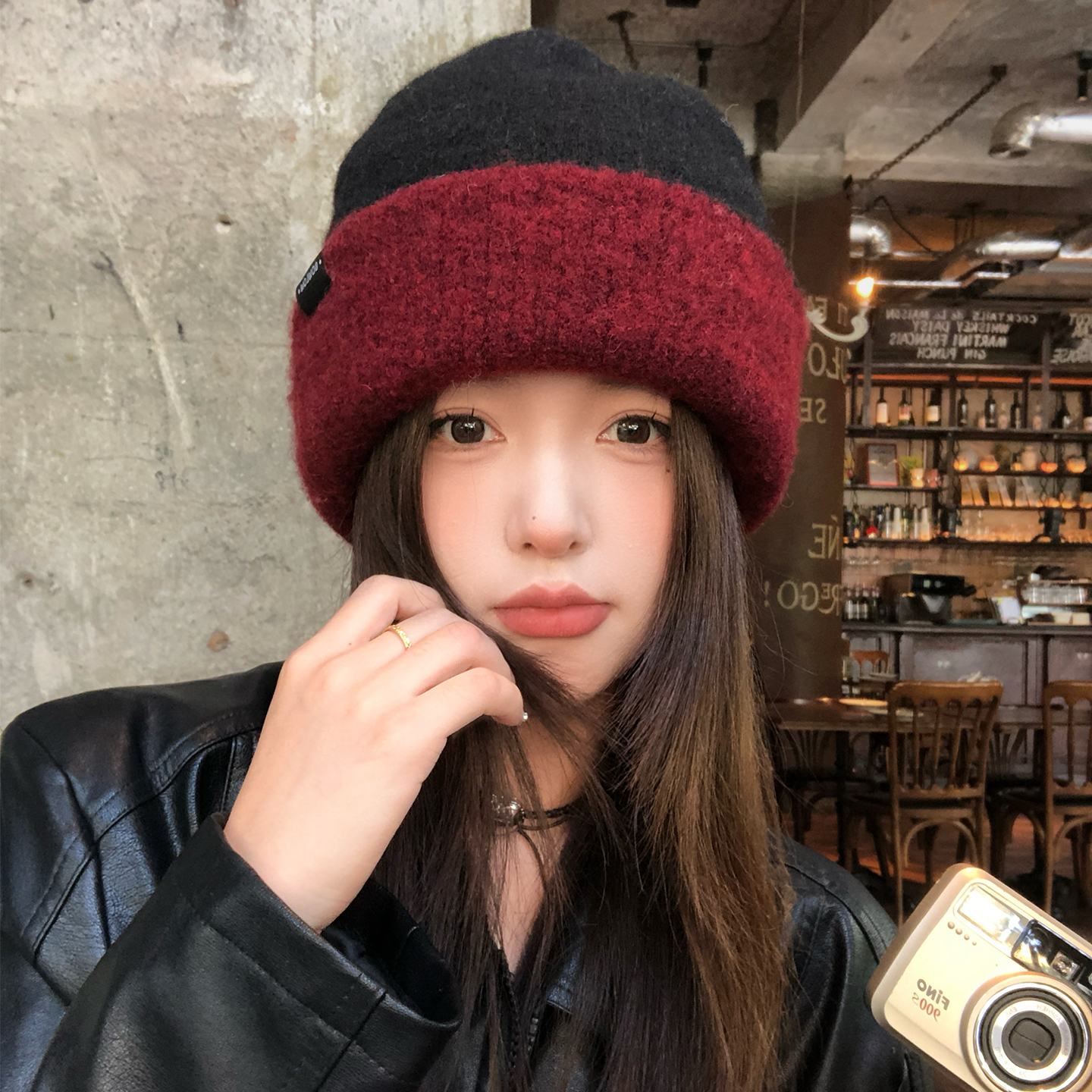 双面可戴针织撞色毛线帽女秋冬季保暖防寒冷帽大头围包头堆堆帽子