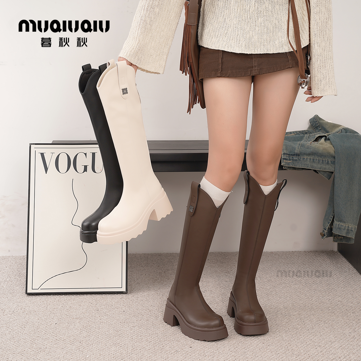 暮秋秋粗跟不过膝长靴女2025秋冬新款厚底增高显瘦英伦风瘦瘦靴子
