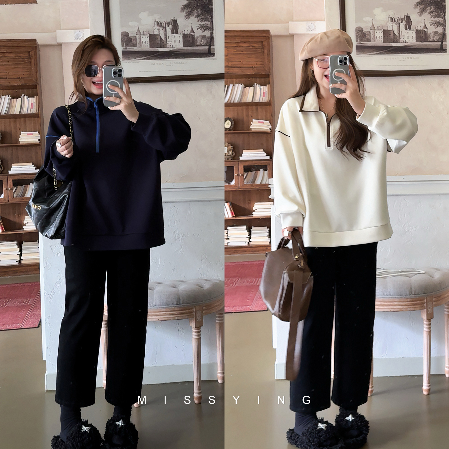 应小姐【老友记】微胖大码秋款韩版翻领设计感显瘦宽松长袖撞色卫衣