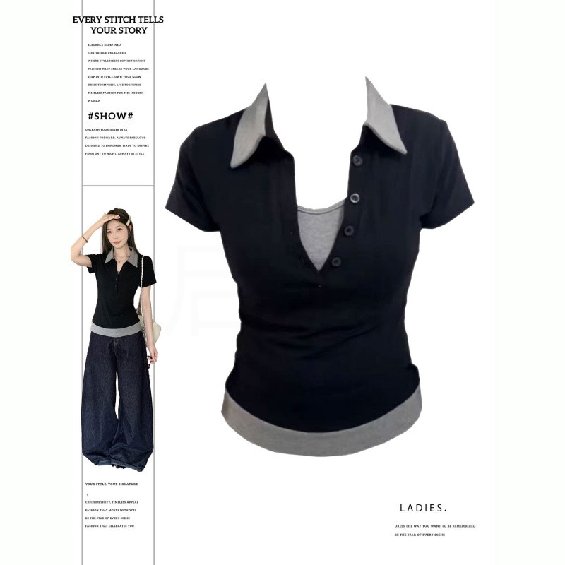 大码胖MM韩系假两件翻领短袖T恤女夏季设计感修身显瘦甜辣妹上衣