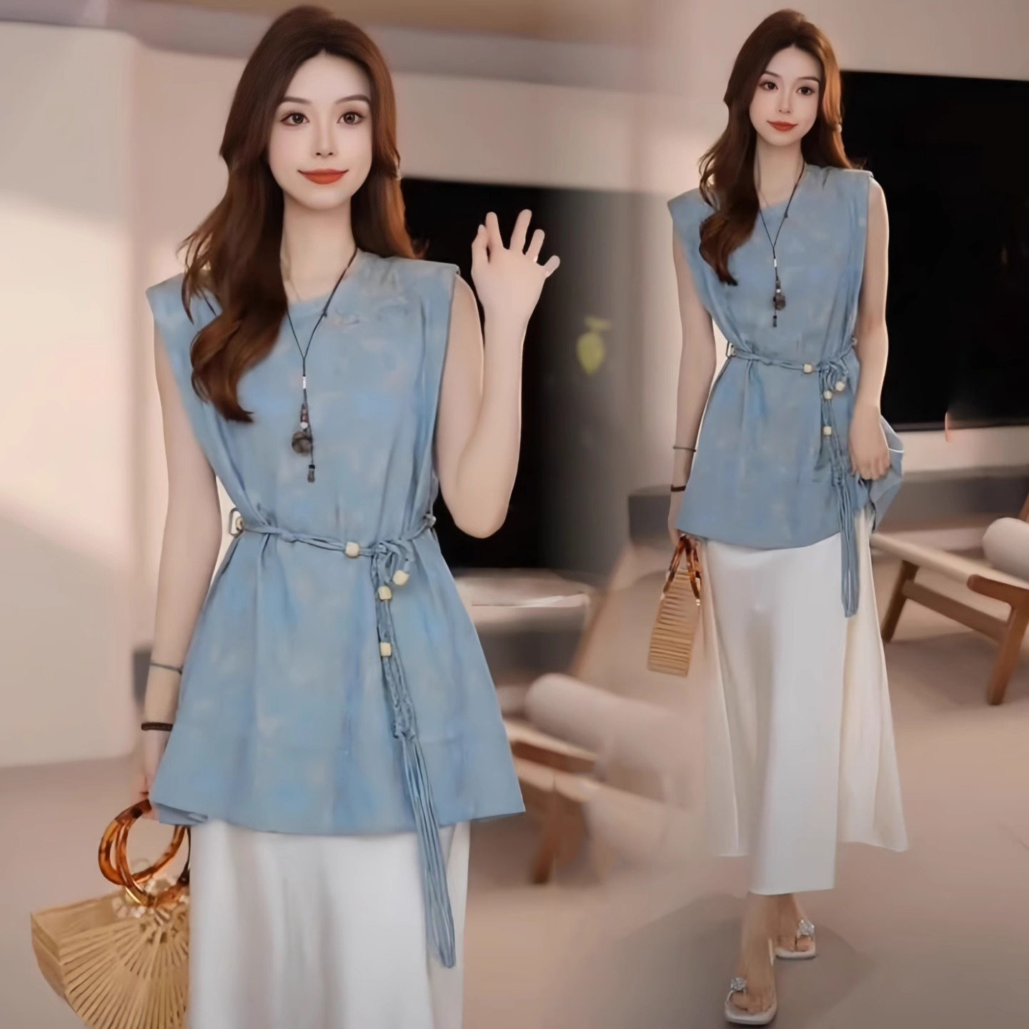 韩系时尚套装裙女夏季新款印花短袖上衣显瘦半身裙气质时髦两件套