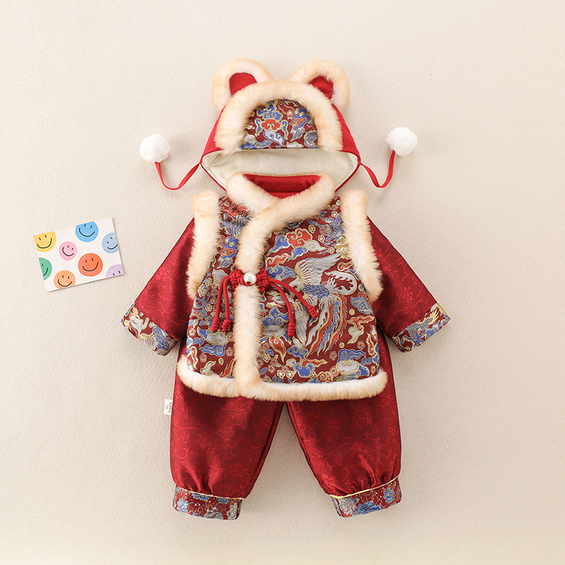 小月龄宝宝分体套装男宝宝加厚冬季百天礼服喜庆神龙拜年服三件套