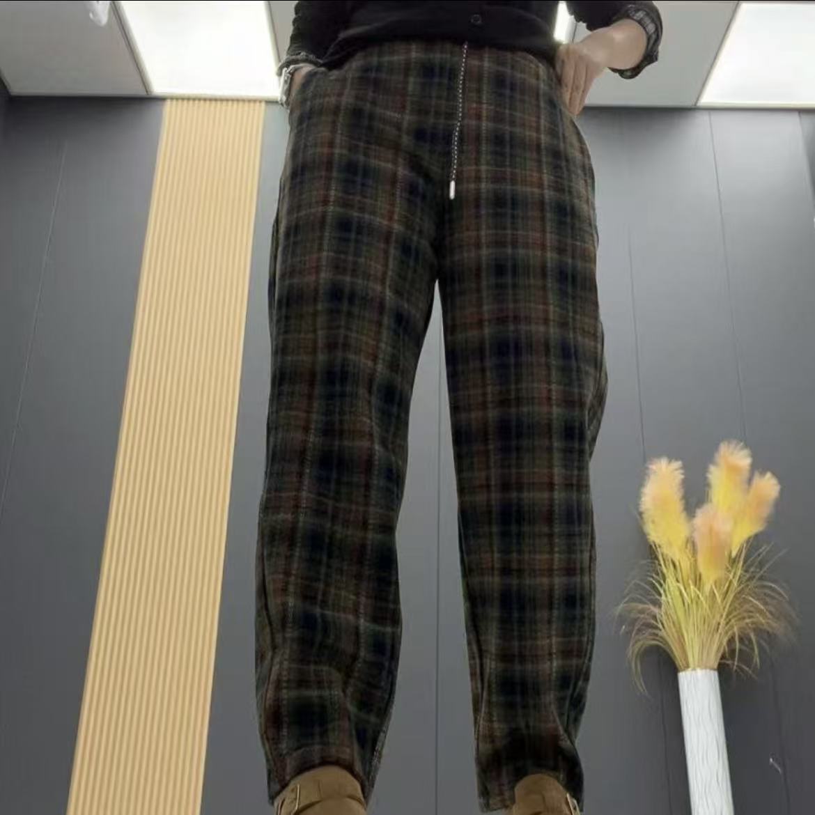 影2919韩版格子加绒哈伦休闲裤