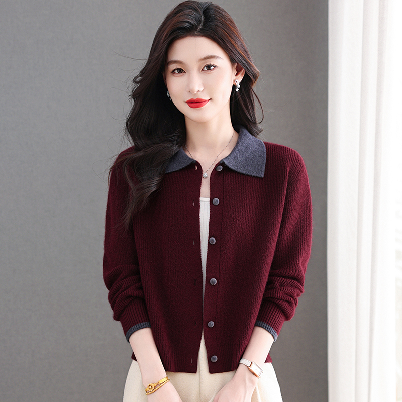 翻领针织开衫女小香风短款拼色羊毛毛衣外套春秋外搭专柜正品