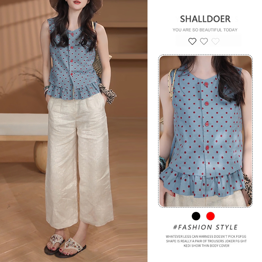 韩系时尚减龄套装女2026夏季新款蓝色波点无袖衬衫阔腿裤子两件套