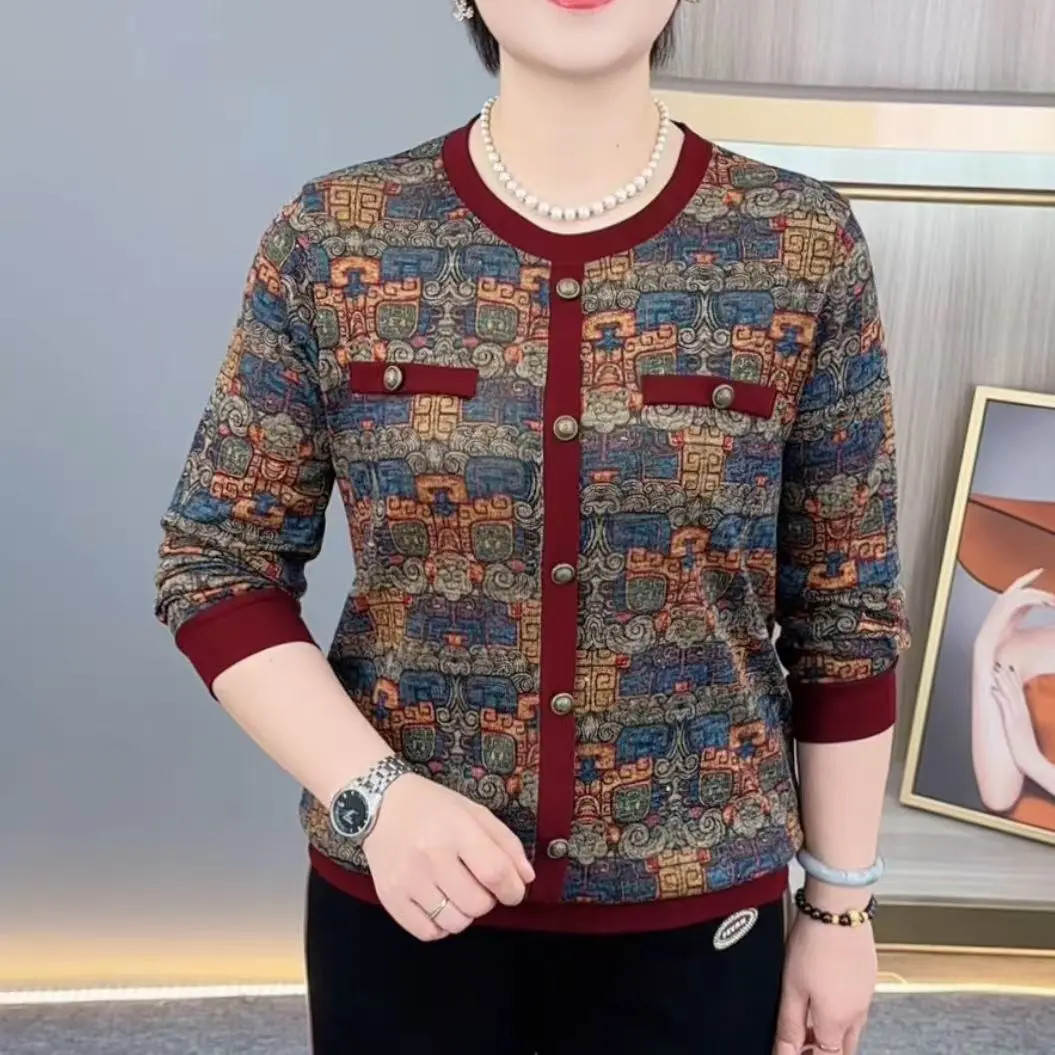 秋季新款时尚圆领潮流印花洋气妈妈装宽松显瘦减龄长袖上衣H1319
