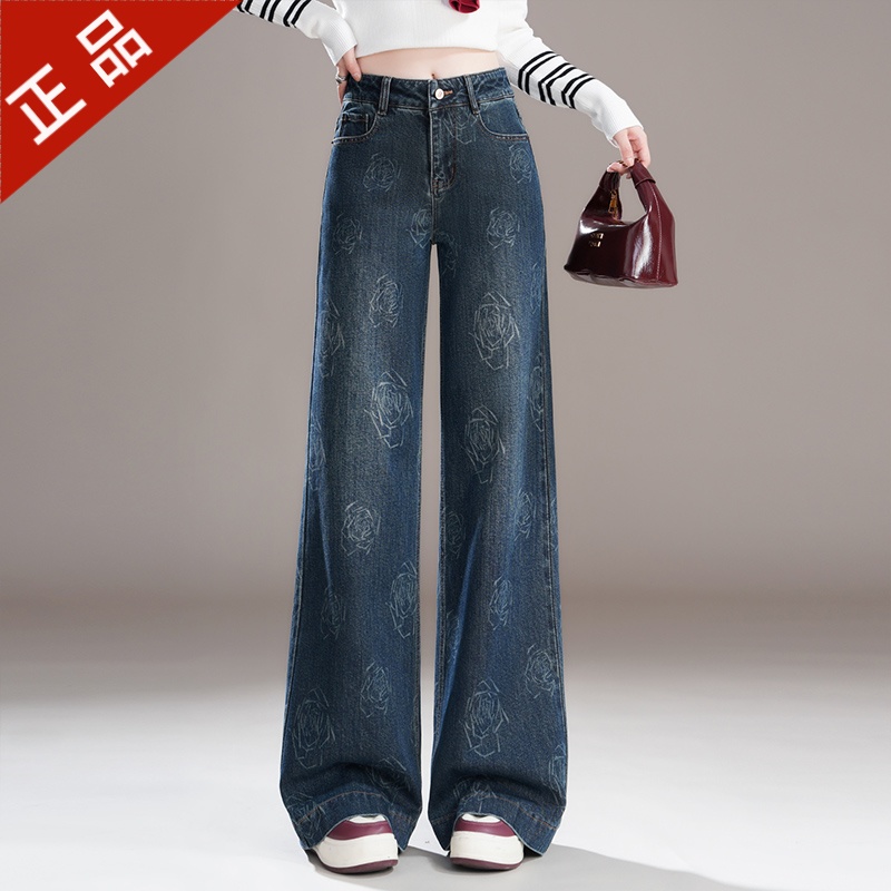 正品哥弟新款时尚提花阔腿筒喇牛仔裤女2025秋冬高腰宽松垂感复古