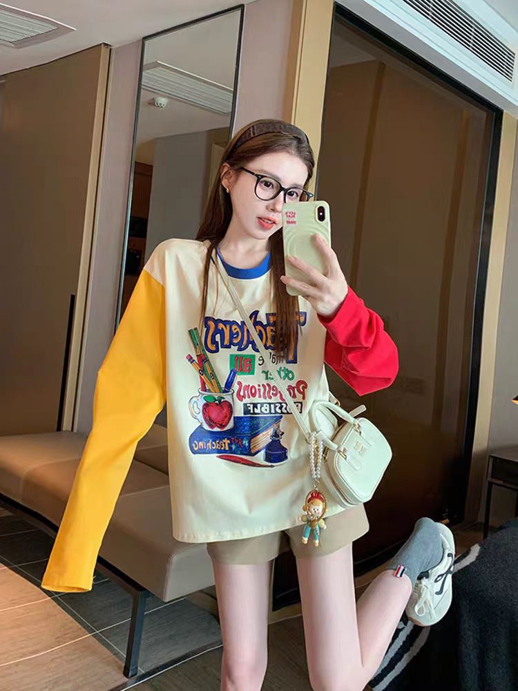 美式复古印花长袖t恤女2025新款秋冬潮牌设计感纯棉宽松撞色上衣