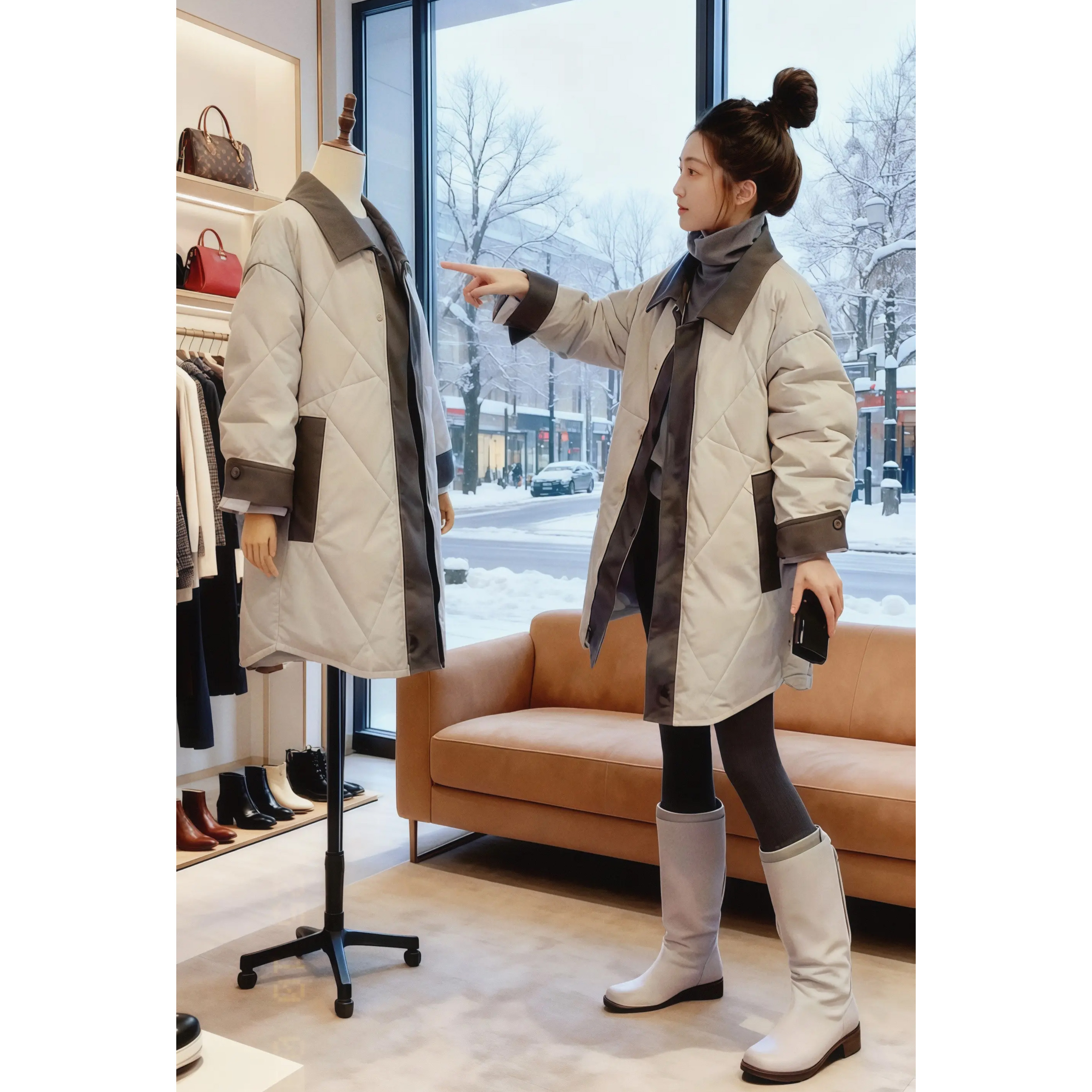 菱形格撞色翻领假两件棉服外套女秋冬新款大码胖mm显瘦中长款棉衣