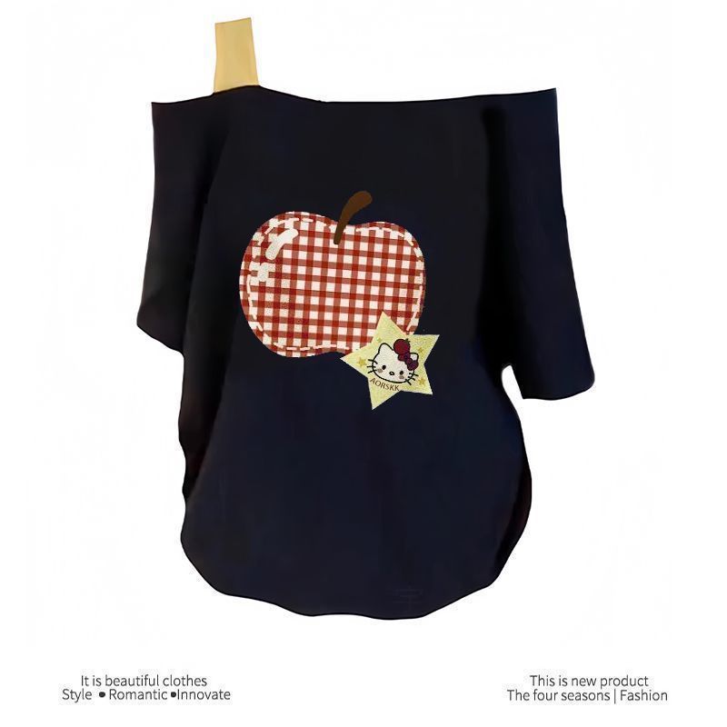 【AORSKK】新款单肩露肩吊带宽松短袖t恤女藏青色韩版百搭简约厚实