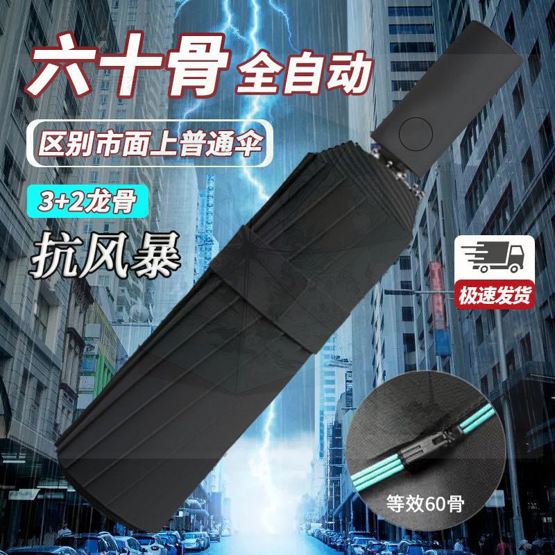 60骨全自动晴雨伞三折伞加固加大防风暴伞防晒学生黑胶伞防紫外线