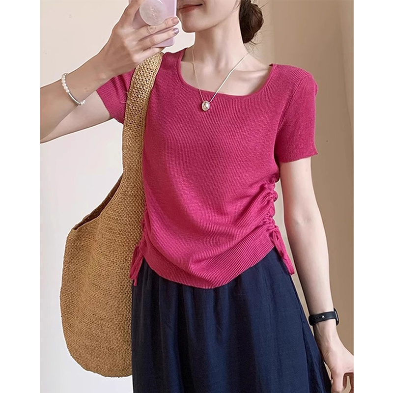 大码法式方领抽绳纯色简约短袖T恤女微胖妹妹高级感通勤气质上衣