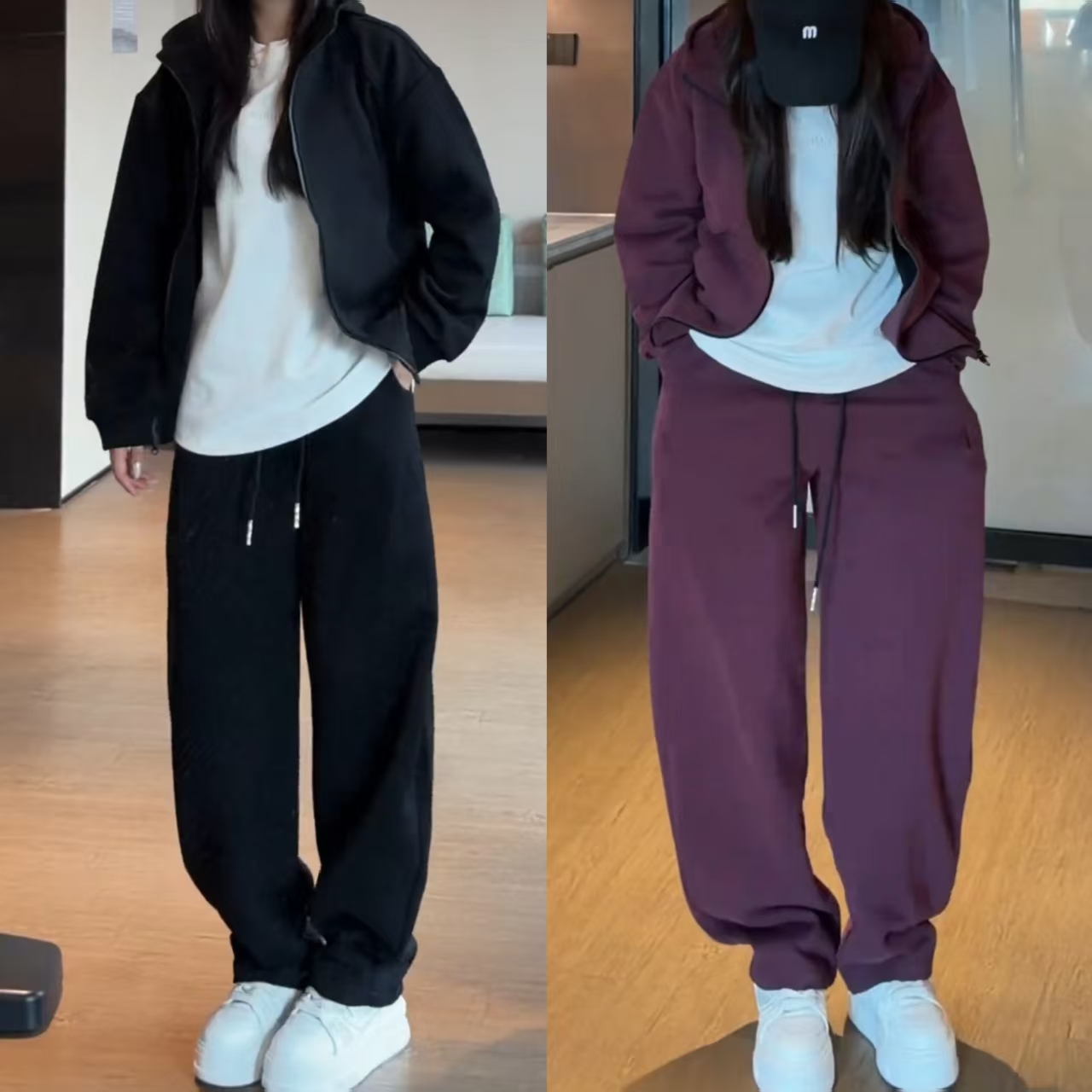 秋季新款男士纯色休闲套装宽松百搭连帽开衫卫衣抽绳休闲裤两件套