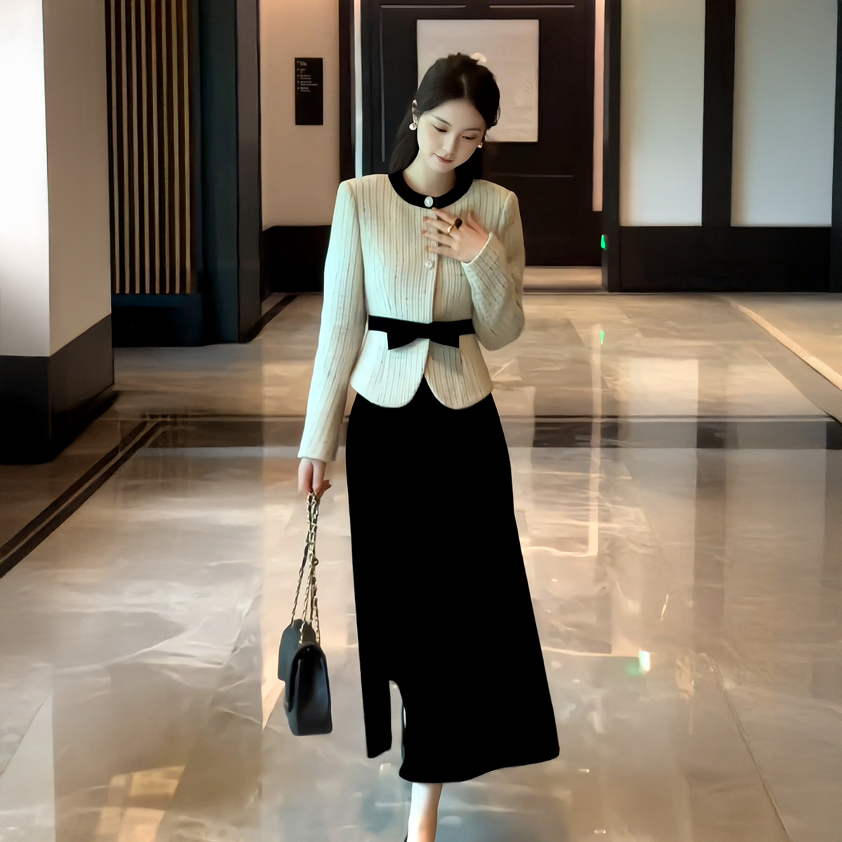 巨好看的早秋一整套富家千金小香风蝴蝶结短外套半身裙气质套装女