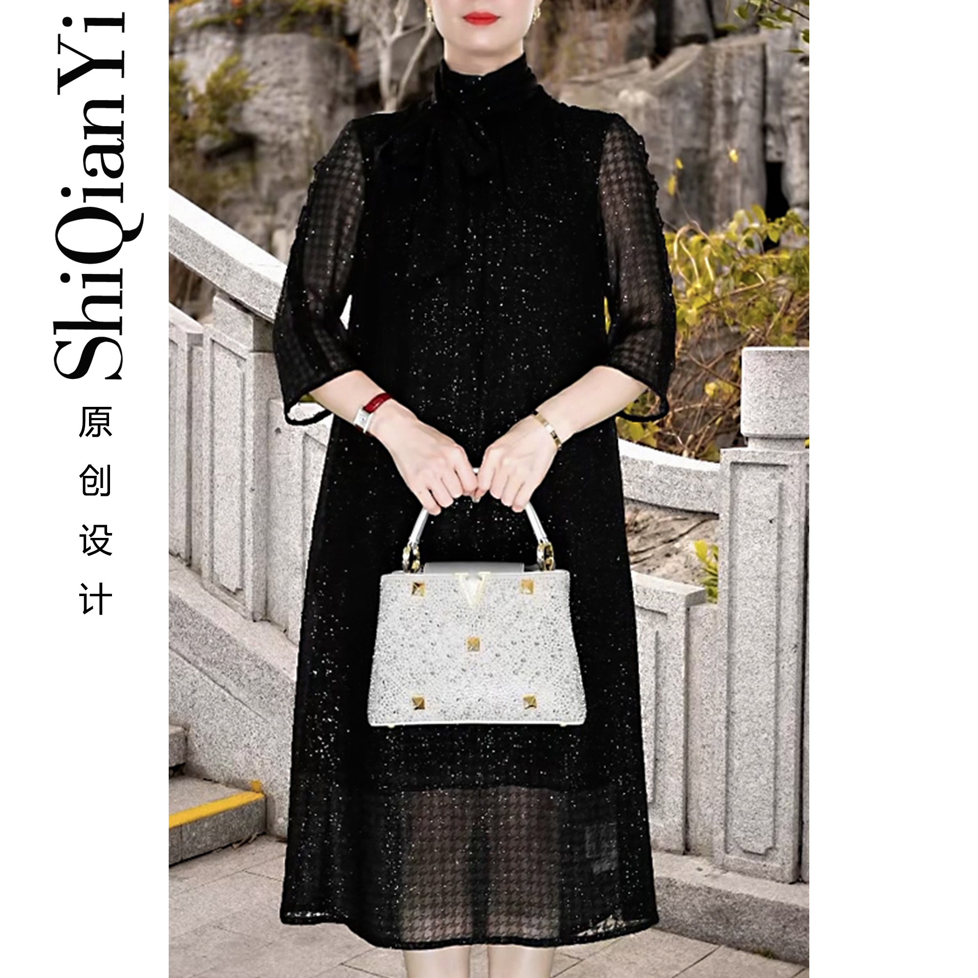 【诗千逸定制-玄黑】洋气气质时尚百搭收腰显瘦女士新款连衣裙A1529