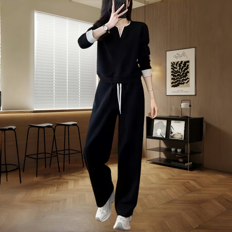 时尚休闲V领套装女2025春季长袖显瘦阔腿裤高级感减龄穿搭一整套
