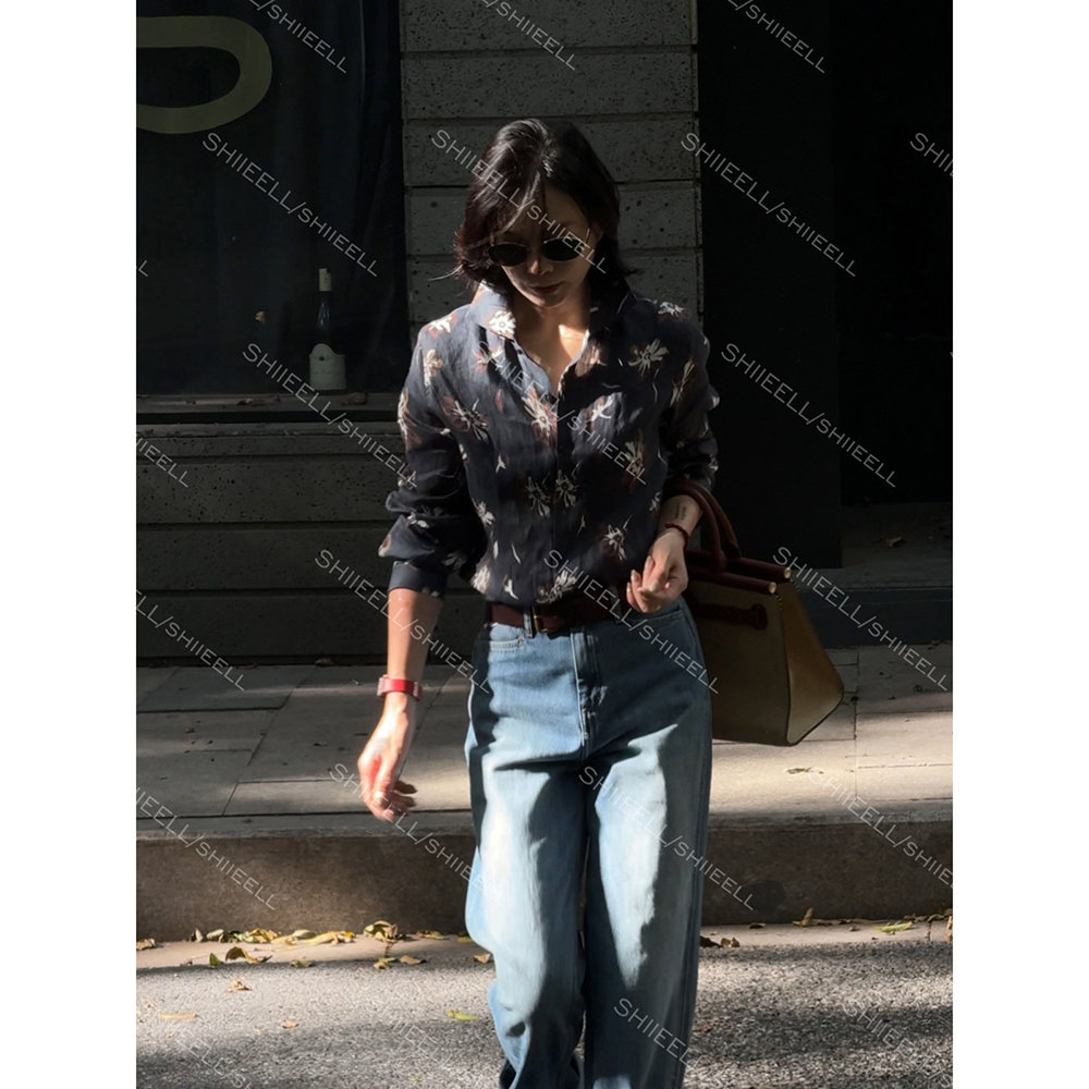 SHIIEELL老钱花卉图案印花设计感清透复古长袖宽松亚麻衬衫Z816S