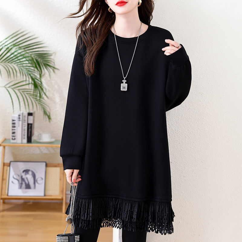 大码2025秋冬减龄拼接镂空花边女卫衣裙胖MM时尚百搭显瘦宽松