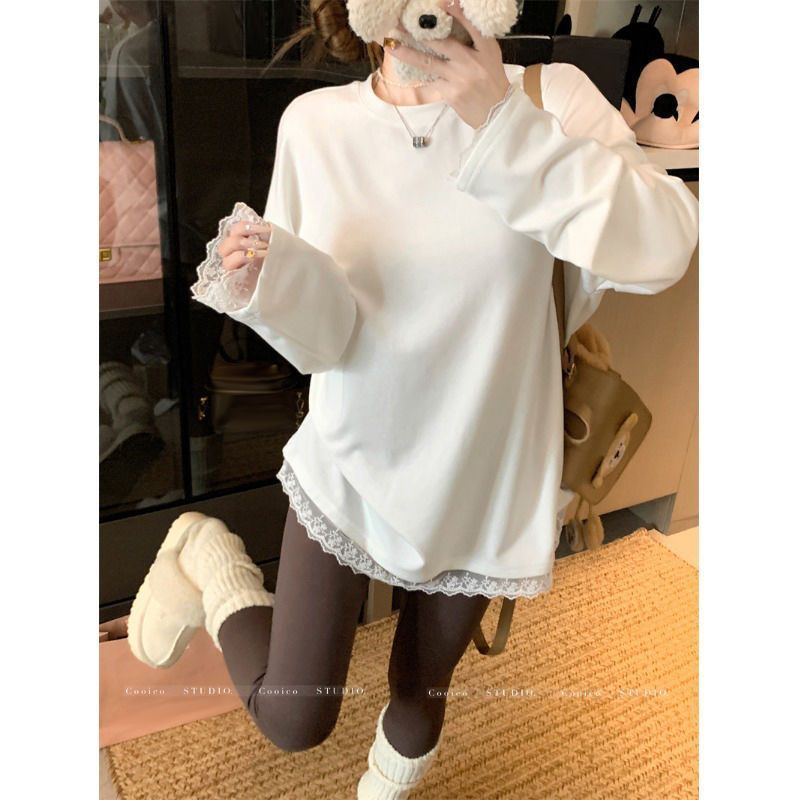 韩系ins白色蕾丝打底衫女内搭秋冬新款宽松显瘦别致纯欲风长袖t恤