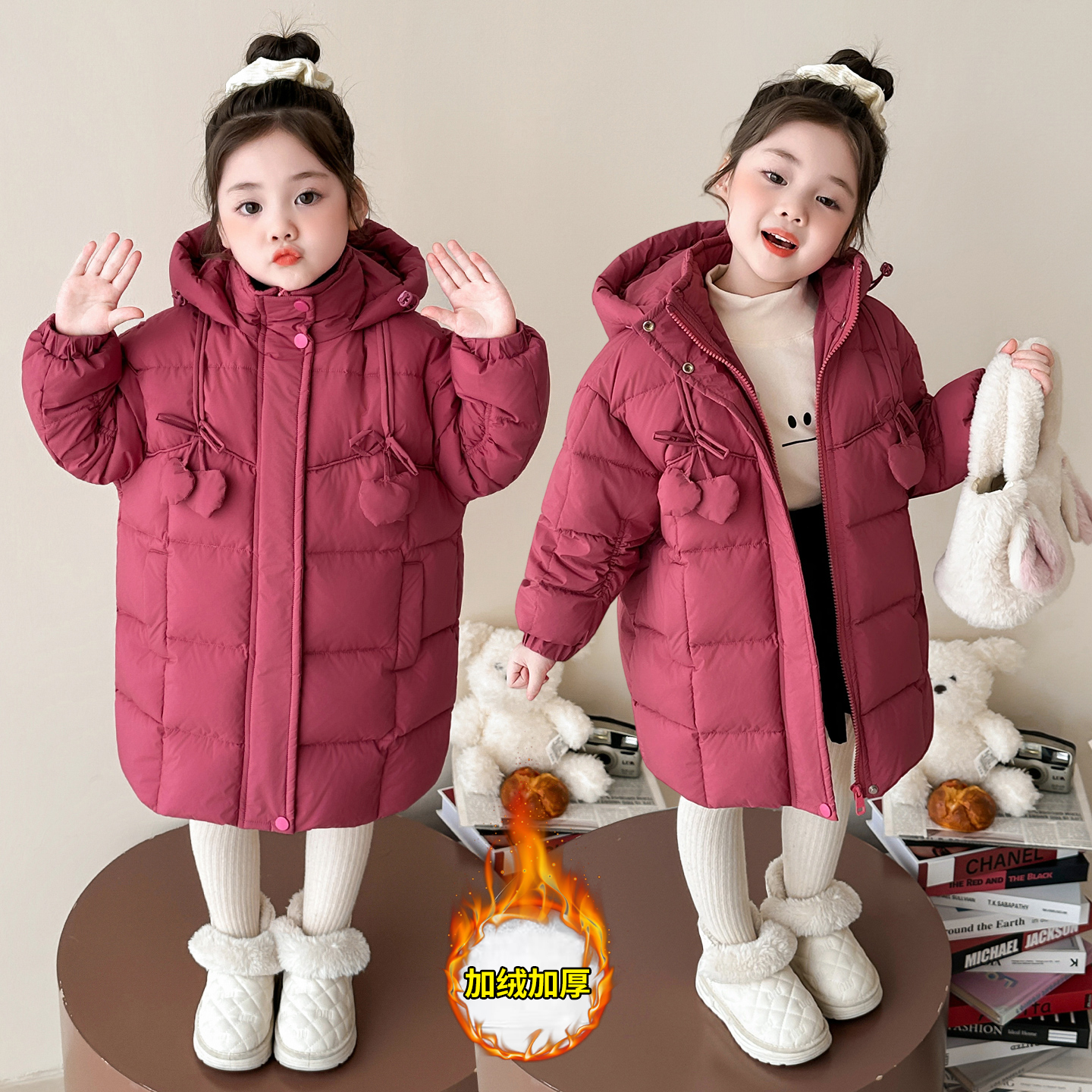 女童加长羽绒服冬季新款洋气儿童加厚白鸭绒外套女童红色外套冬款