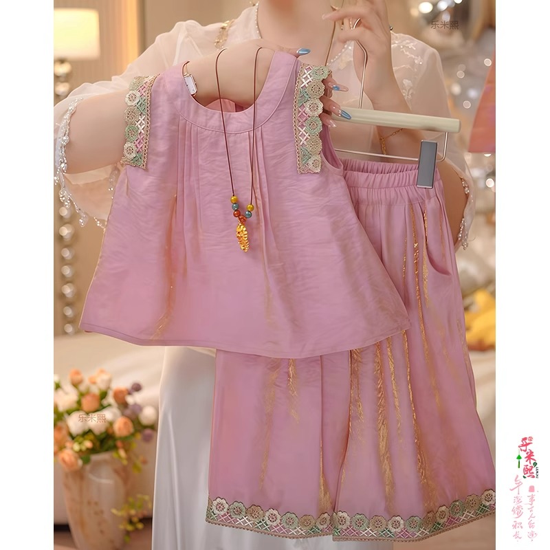 女童娃娃衫国风套装2025新款夏季新中式刺绣无袖九分阔腿裤民族风