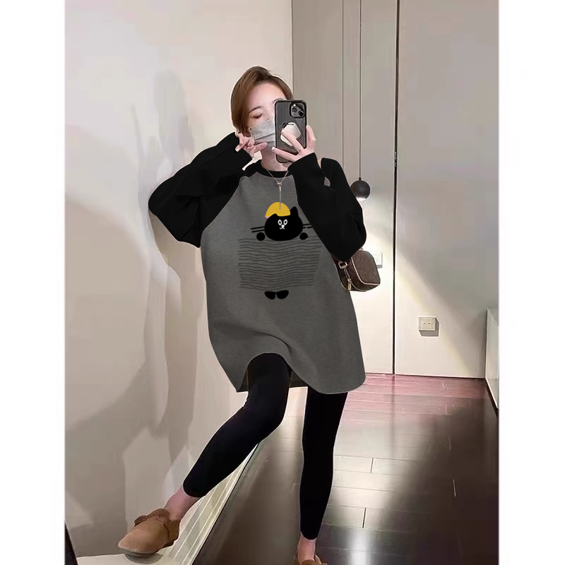 德绒磨毛保暖中长款遮屁股插肩拼接撞色长袖t恤女宽松打底衫秋冬