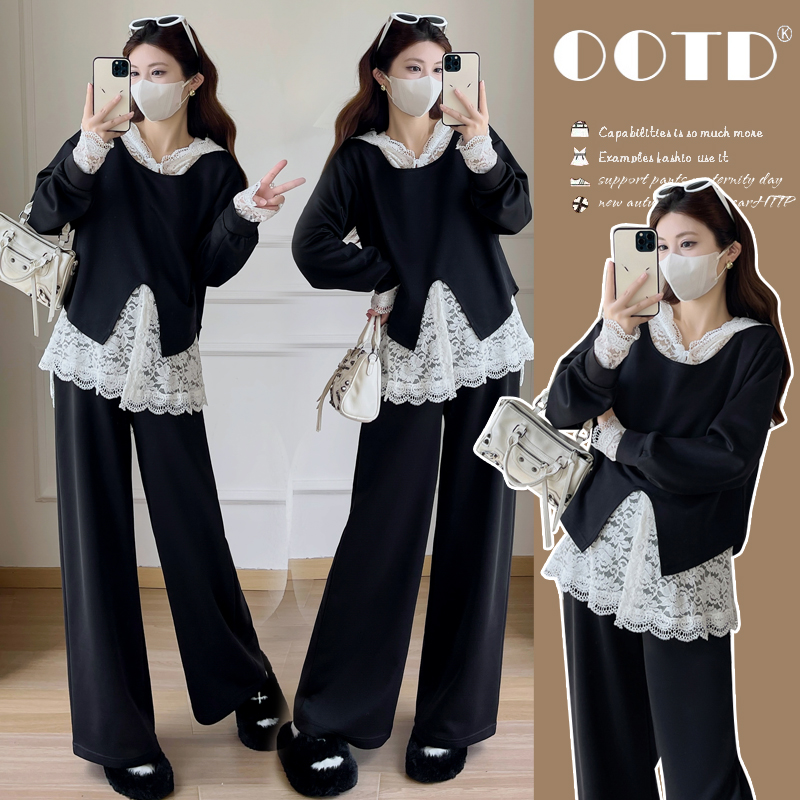 孕妇休闲减龄卫衣套装2025年新款蕾丝马甲叠穿阔腿裤超火三件套女