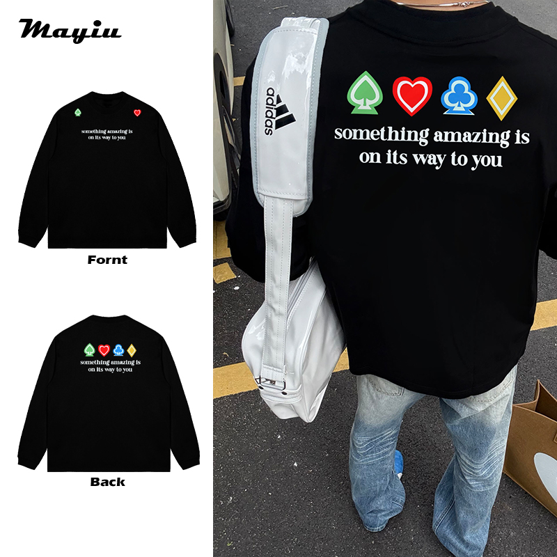 扑克牌花色字母印花休闲宽松圆领情侣纯棉高街设计感男长袖T恤