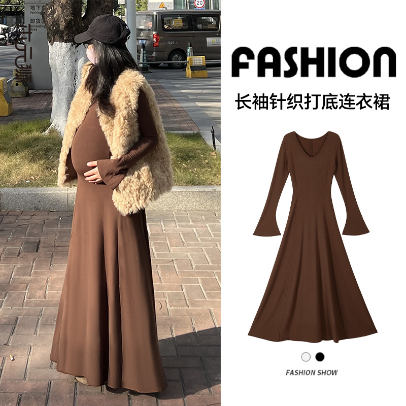 木元狮孕妇裙喇叭袖长款大摆连衣裙时尚百搭半高领气质大摆长裙