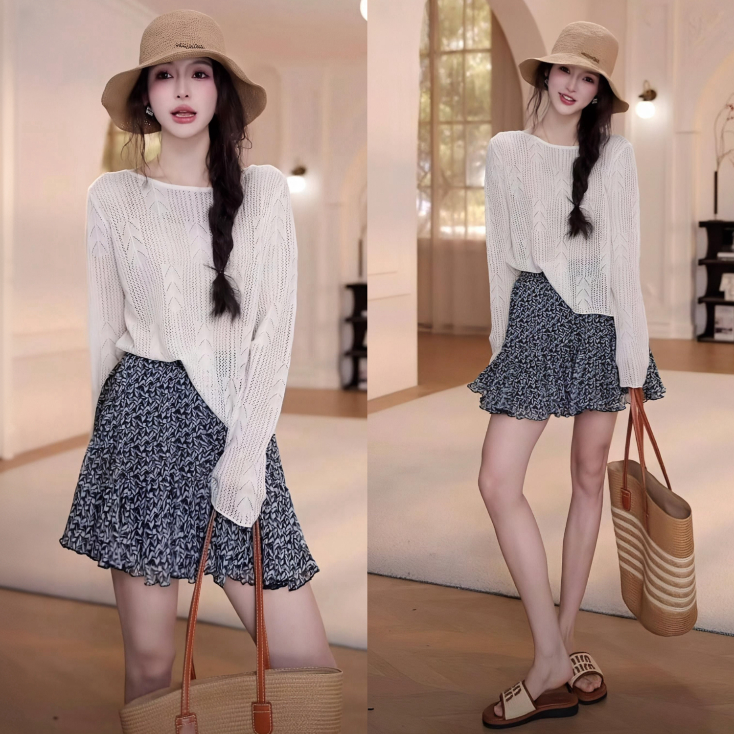 2025夏季镂空冰丝防晒罩衫长袖T百搭碎花短裙气质套装洋气衣服女