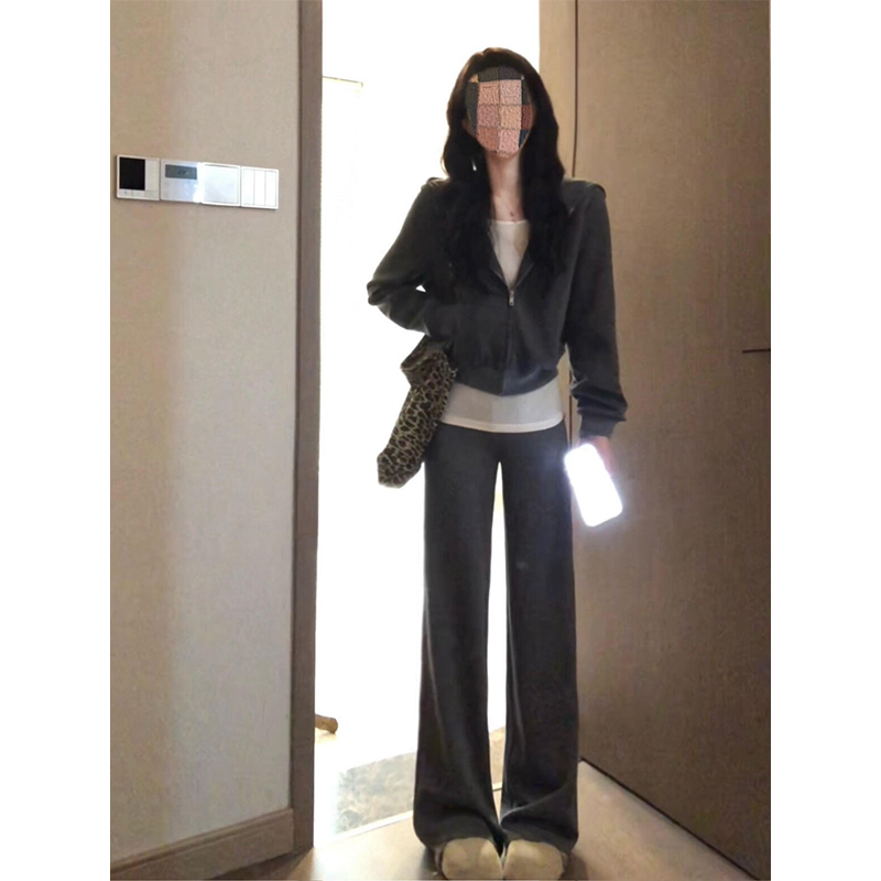 parkyeon秋季新款韩系气质连帽长袖卫衣女修身上衣休闲裤套装