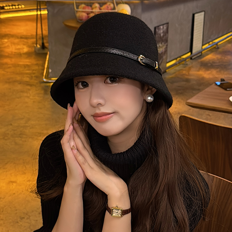 赫本风礼帽羊毛呢渔夫帽子女秋冬季百搭保暖复古显脸小盆帽