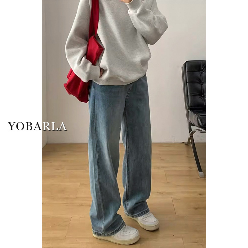 蓝色直筒牛仔裤女冬季加绒大码胖mm显瘦梨形身材宽松垂感阔腿裤子