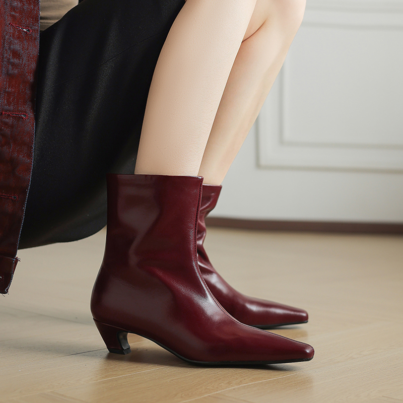 4cm法式中跟小方头宽筒靴车厘子红粗跟短靴秋冬百搭大筒围靴子女