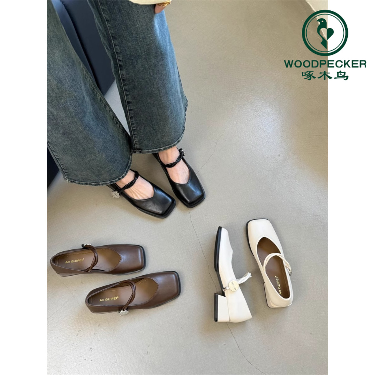 啄木鸟小香风玛丽珍鞋女粗跟小皮鞋一字带方头奶奶法式晚晚风单鞋