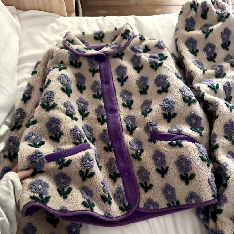 侘町2025年新款温柔紫色花花双面提花羊羔绒睡衣女冬季长袖家居服